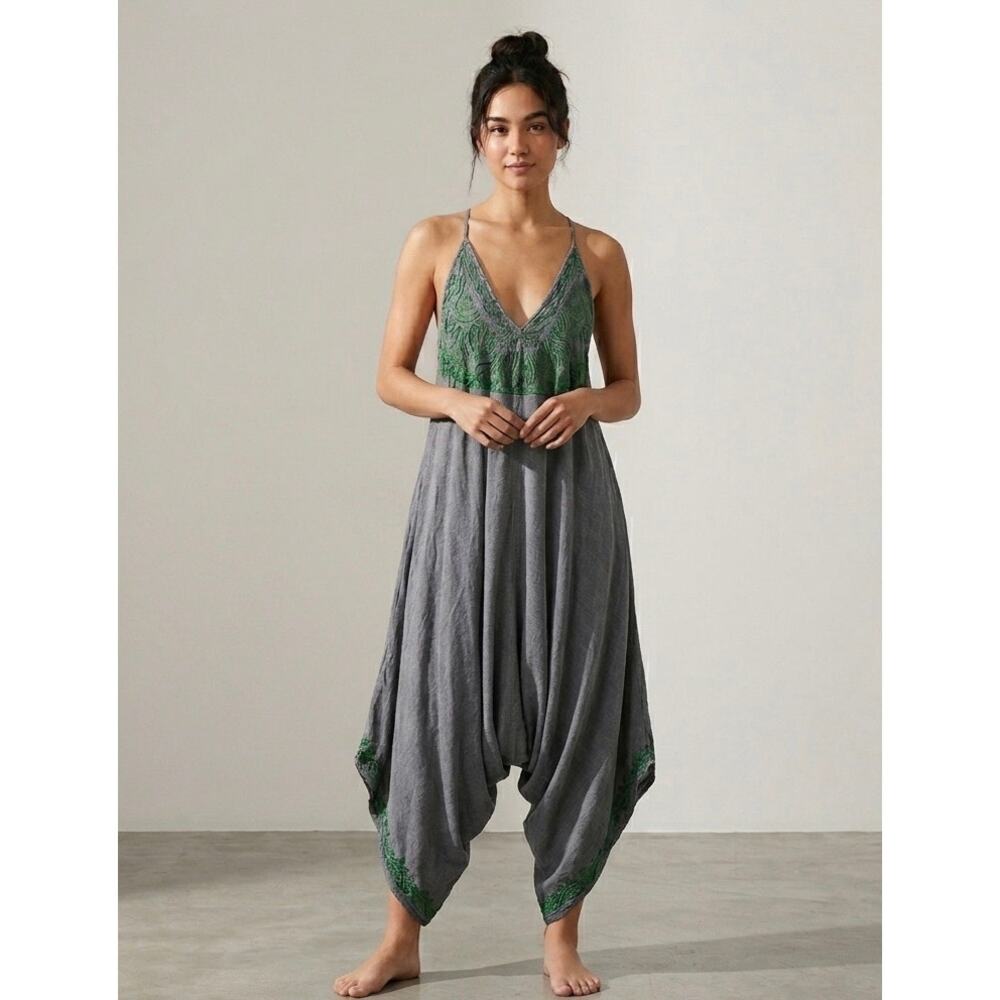Sacred Threads Harem Jumpsuit OS Gray Rayon Green Embroidered Boho Drop Crotch